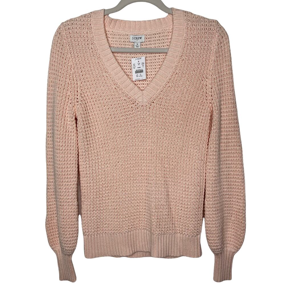 J Crew Factory Textured Cotton Sweater Subtle Pink Puff Sleeve V Neck NWT S